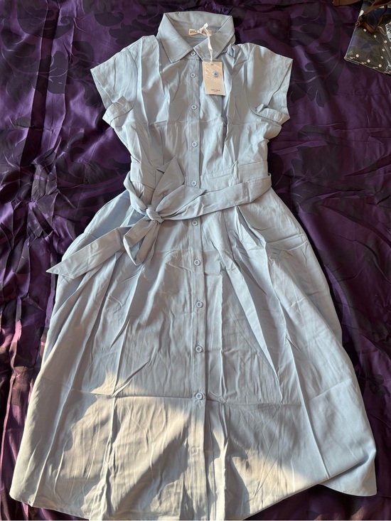 Grace Karin Dresses & Skirts - Grace Karin Light Blue Button-Front Midi Shirt Dress with Tie Waist